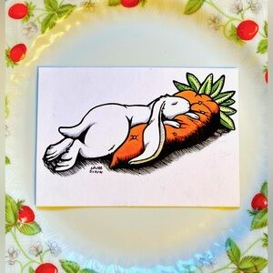Resting Rabbit Original Illustration carrot pillow lop bunny ink marker art cute